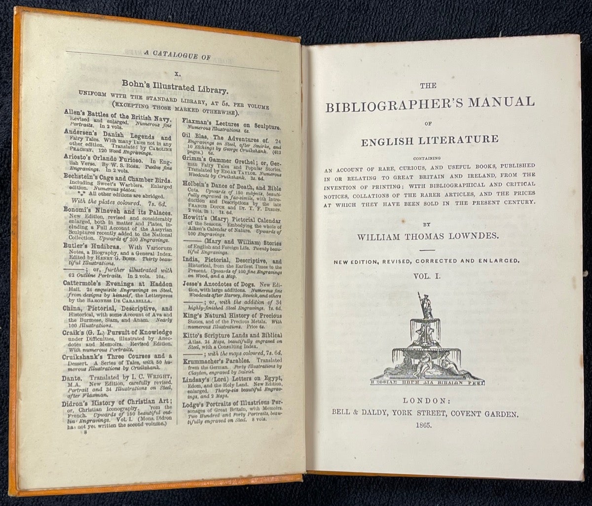 Literature.　William　Bibliographer's　The　of　Henry　Corrected　by　Lowndes'　English　and　Enlarged　volumes　Edition,　cover　vols　Bibliographer's　Manual　title:　Revised,　Thomas　11　in　G.　Bohn:　complete　eleven　Manual　New