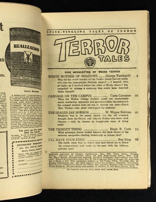 Terror Tales. Pulp magazine, British Edition. Stories are: White Mother of Shadows; Carnage on the Campus; The Sealed Jar Horror; The Thirsty Thing; I'll Have Your Eyes.