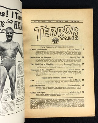 Terror Tales No.3. Pulp magazine, British Edition. Titles are: I am a Frankenstein!, Bodies Born for Slaughter, They Shall Feed at Midnight, Vengeance of the Living Dead, Lost!, School for Horror, and College of Corpses.