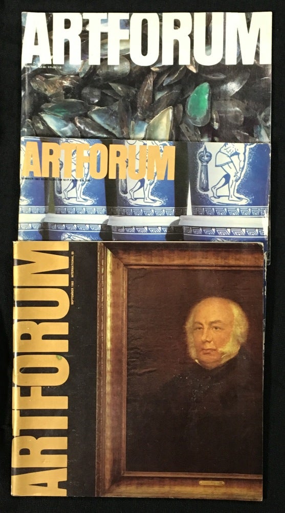 Item #19809010 Artforum: 3 odd issues: 1980 May. Vol XVIII No.9, Marcel Broodhaers cover; 1981 Summer (June). Vol XIX No.10, Coffeeshop cups cover; 1982 September. Vol XXI No.1, Forum portrait cover.