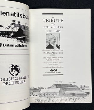 A Tribute to Peter Pears, 1910-1986. Programme for the concert given in aid of the Aldeburgh Appeal. 30 November 1986 at 7pm. The Royal Opera House, Covent Garden.