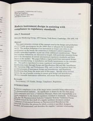 Spectrophotometry, Luminescence and Colour; Science and Compliance. Analytical Spectroscopy Library - Volume 6. Papers presented at the second joint meeting of the UV Spectrometry Group of the UK and the Council for Optical Radiation Measurements of the USA, Rindge, New Hampshire, USA, June 20-23, 1994.